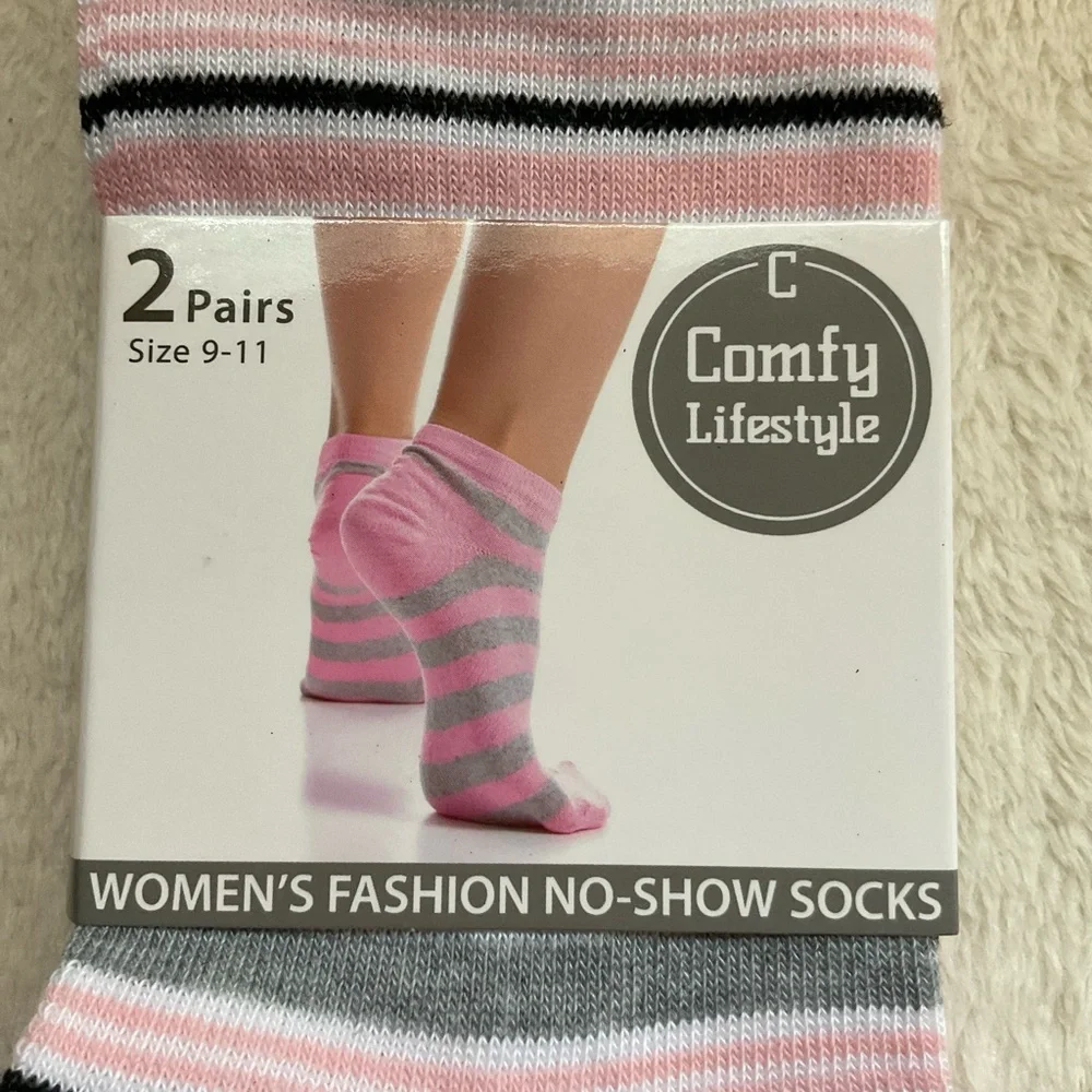 Women’s No-Show Socks - Pink, Gray & White Stripes (2 Pairs)